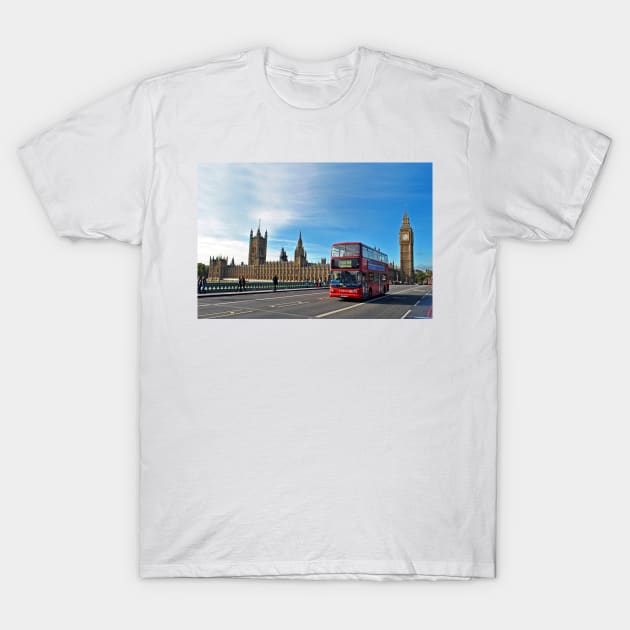 Red Bus Westminster Bridge Houses of Parliament T-Shirt by AndyEvansPhotos